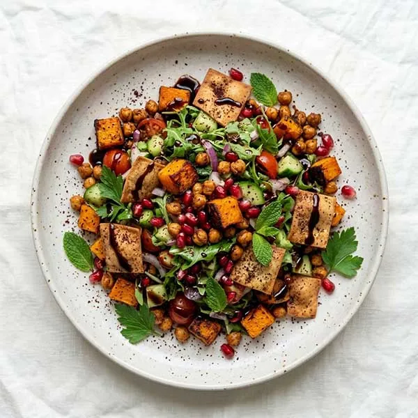 Roasted pumpkin & chickpea Fattoush Salad with pomegranate molasses